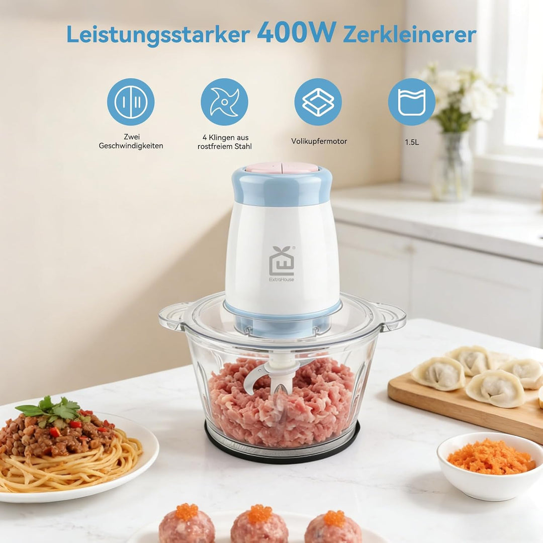 Zerkleinerer Elektrisch, 400W Universal Zerkleinerer mit 1,5L Glasbehälter, 2 Geschwindigkeitsstufen