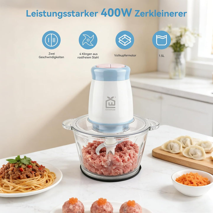 Zerkleinerer Elektrisch, 400W Universal Zerkleinerer mit 1,5L Glasbehälter, 2 Geschwindigkeitsstufen