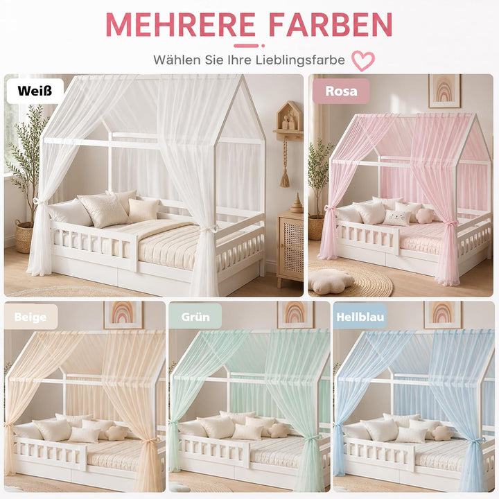 iLuane Kinderbett Baldachin Weiss mit 3 m Baumwoll-Wimpelgirlande, Hausbett Deko Set mit 2 Tüll Vorh