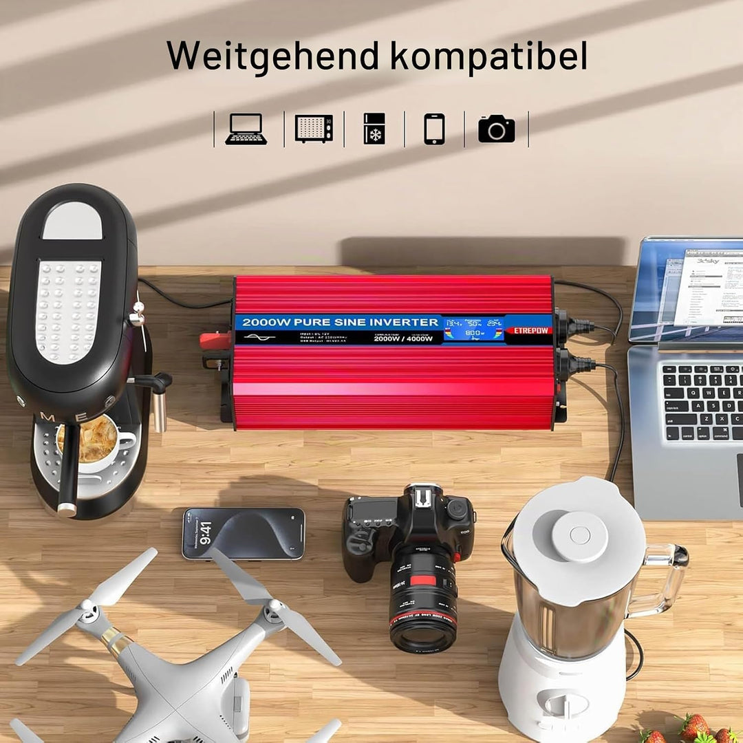 ETREPOW 2000w Spannungswandler 12v Auf 230v Reiner Sinus Wechselrichter mit 2 EU-Steckdose und Einer