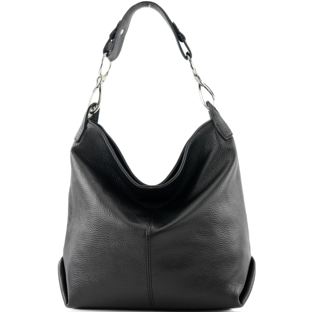 modamoda de T168 Damen Leder Schultertasche, handmade in Italy Jet Black, Jet Black