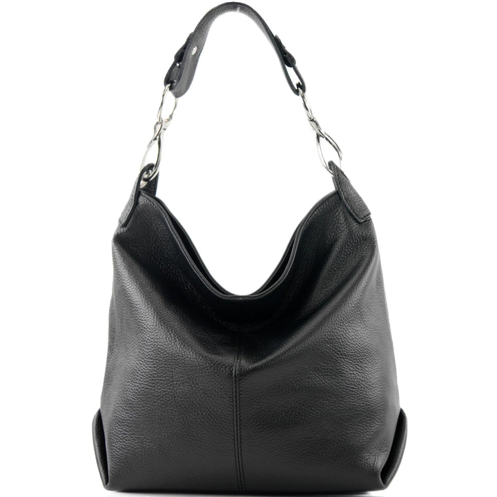 modamoda de T168 Damen Leder Schultertasche, handmade in Italy Jet Black, Jet Black