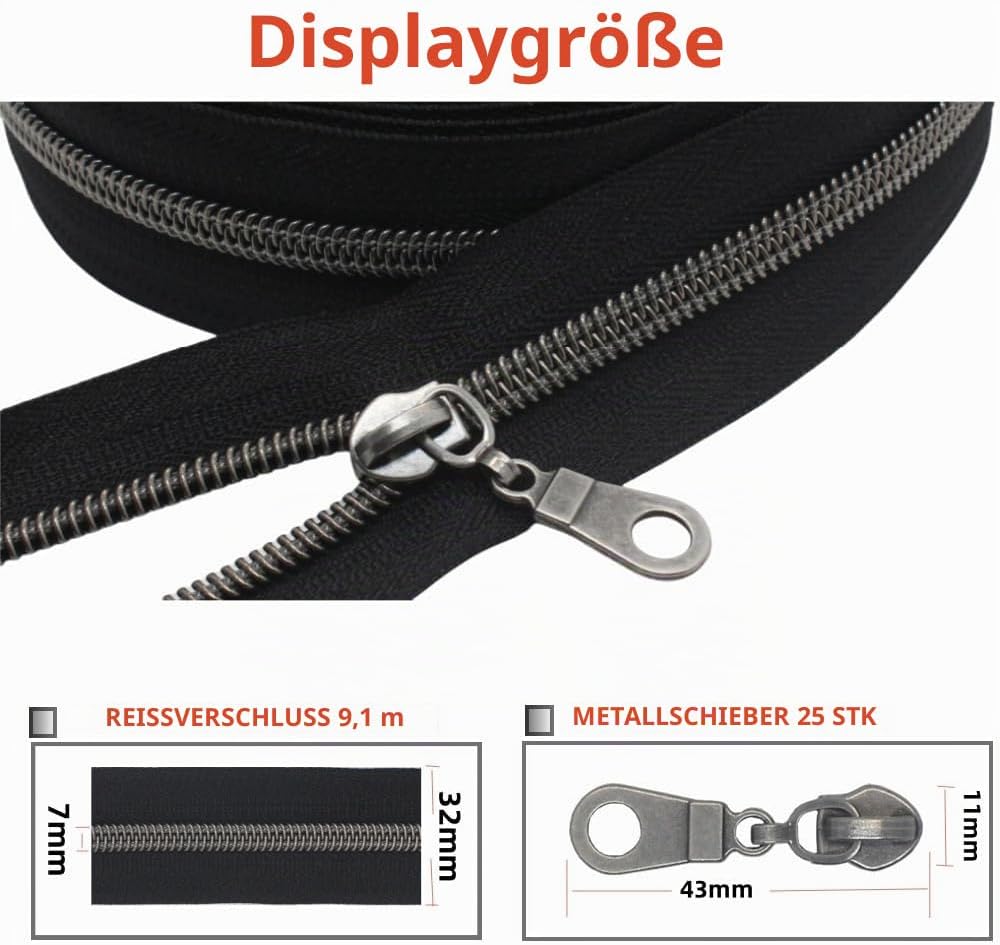 MebuZip 9 m Altsilber endlos Reissverschluss Meterware Reissverschluss Nylon 6mm-Spirale + 25 Nonloc