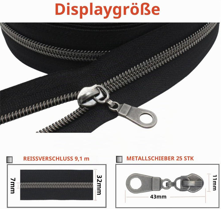 MebuZip 9 m Altsilber endlos Reissverschluss Meterware Reissverschluss Nylon 6mm-Spirale + 25 Nonloc