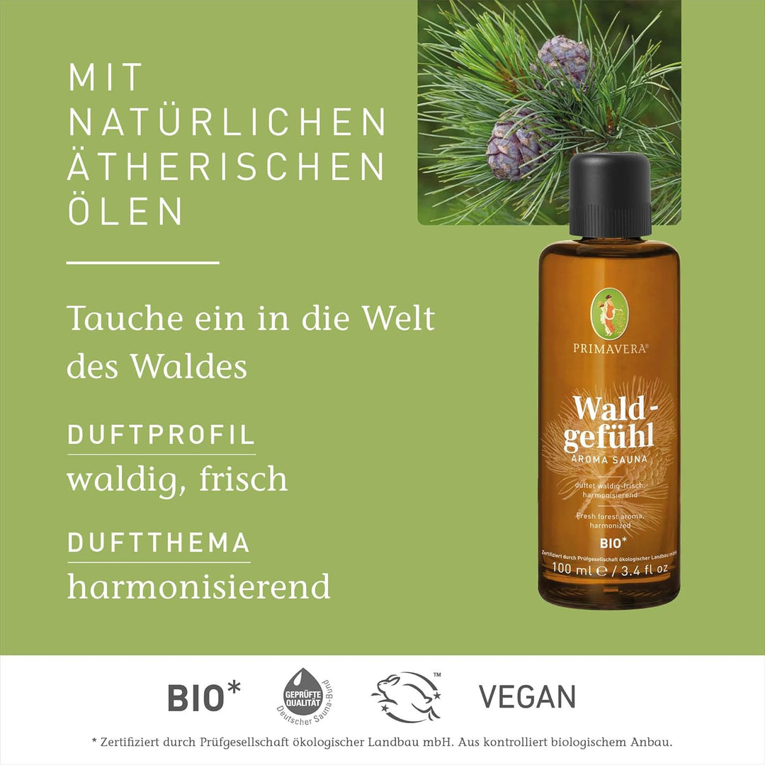 PRIMAVERA Waldgefühl Aroma Sauna bio 100 ml - Saunaöl, Aromatherapie – waldig-frischer Duft – stärke
