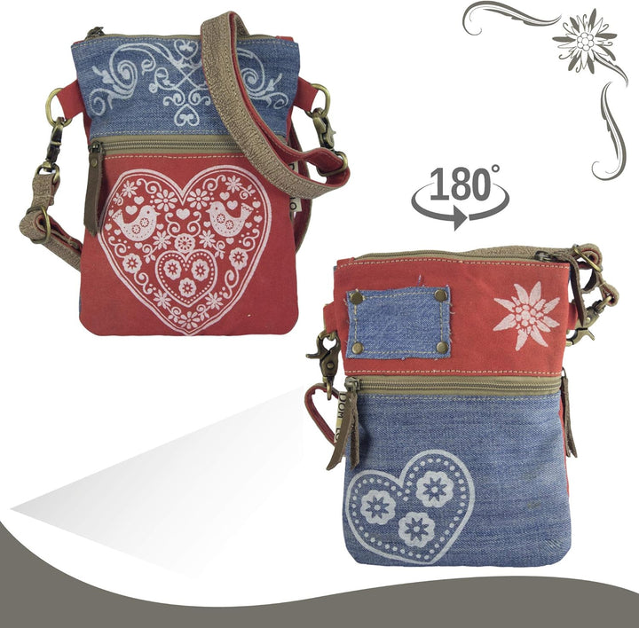 Domelo Trachtentasche. kleine Nachhaltige Umhängetasche aus Recycelte Jeans. Crossbody Bag mit Herz