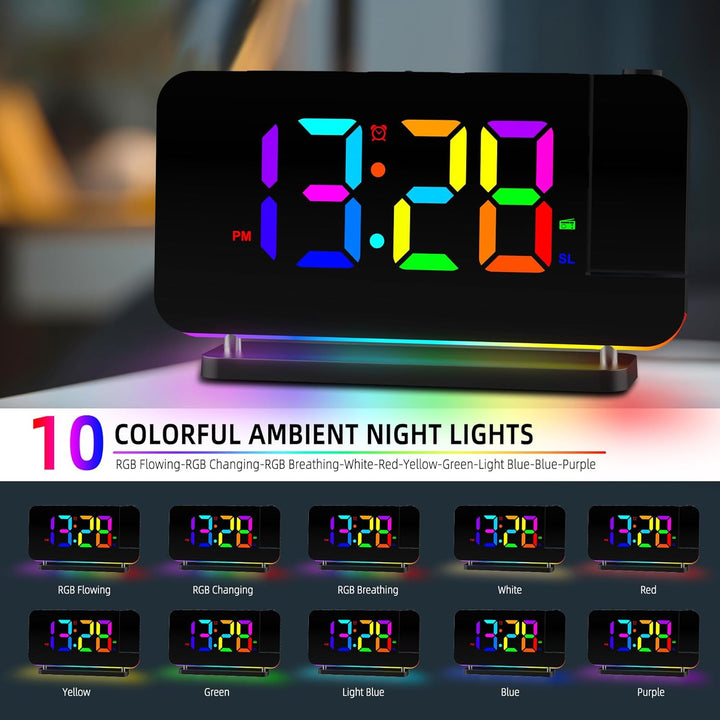 Lancoon Projektionswecker Bunter Wecker mit Radio Spiegelfläche mit 11 RGB Farbdisplay 10 Farben Nac