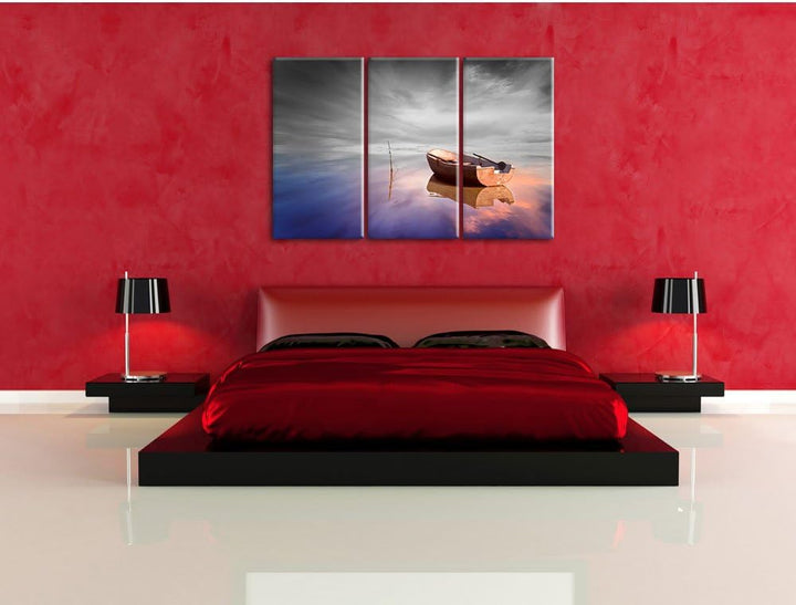 Pixxprint Einsames Boot auf See als Leinwandbild/Grösse: 3 Teilig (120x80) cm/Wandbild/Kunstdruck/fe