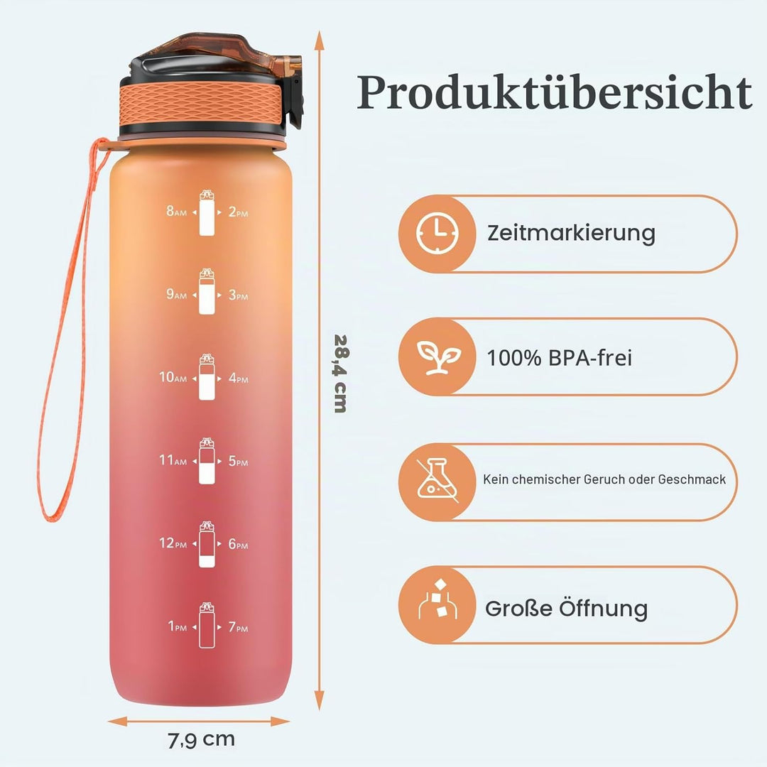 Trinkflasche, 1L Sport-Wasserflasche mit Strohhalm, Zeitmarkierungen, auslaufsicher, BPA-freiTritan,