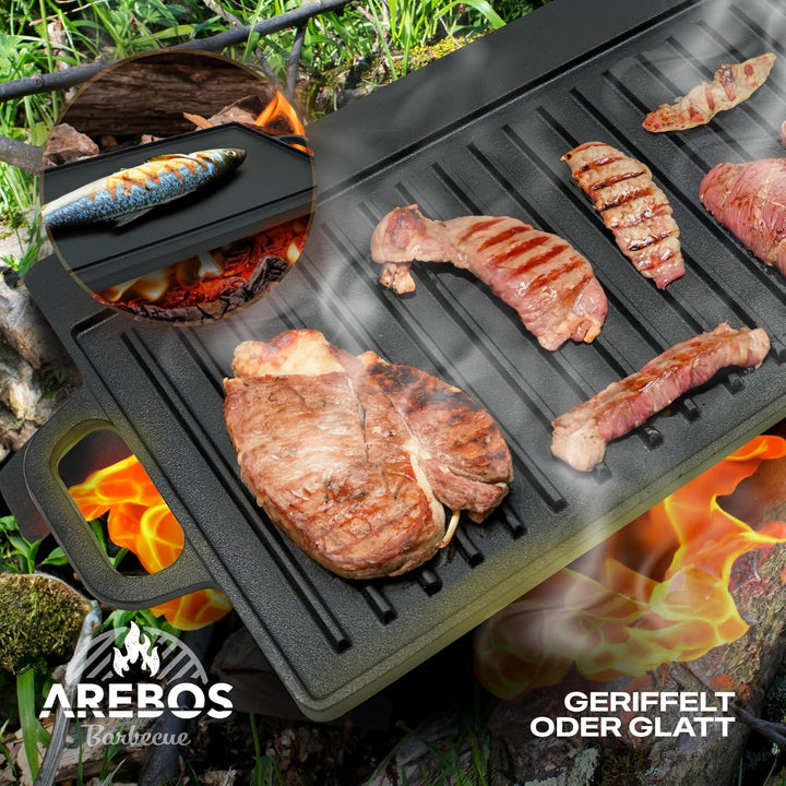 Arebos Dutch Oven Set 9-teilig | Gusseisen BBQ Set mit Grillplatte, Feuertopf, Pfanne, Deckelheber,