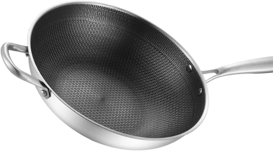 Wok, Wok-Pfanne mit Geschnitzter Mikrogravur, 3-lagiger Doppelseitiger Waben-Edelstahl-Wok für die K