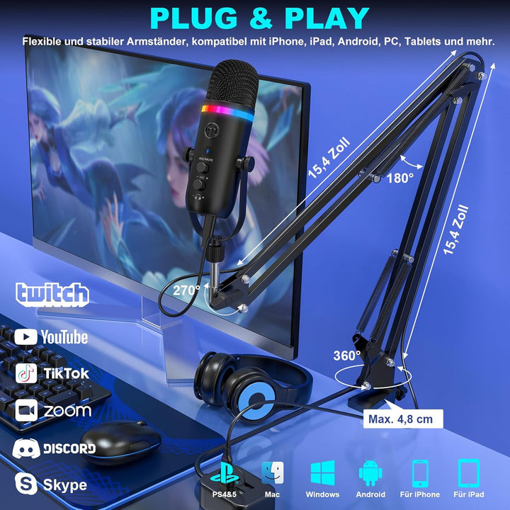 zealsound Podcast Mikrofon mit Arm -RGB Rauschunterdrückung Gaming Kondensatormikrofon für PC & Hand