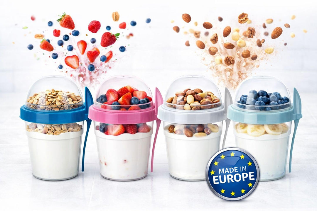 4er Set Müslibecher to go mit Löffel - 500 ML - 2 Kammern Joghurtbecher to go - Praktischer Müsli to