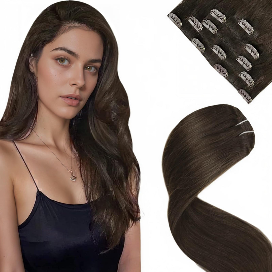LaaVoo Braun Extenisons Echthaar Clip Doppelt Tressen Clip Extensions Echthaar Haarverlängerung Echt