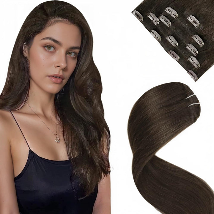 LaaVoo Braun Extenisons Echthaar Clip Doppelt Tressen Clip Extensions Echthaar Haarverlängerung Echt