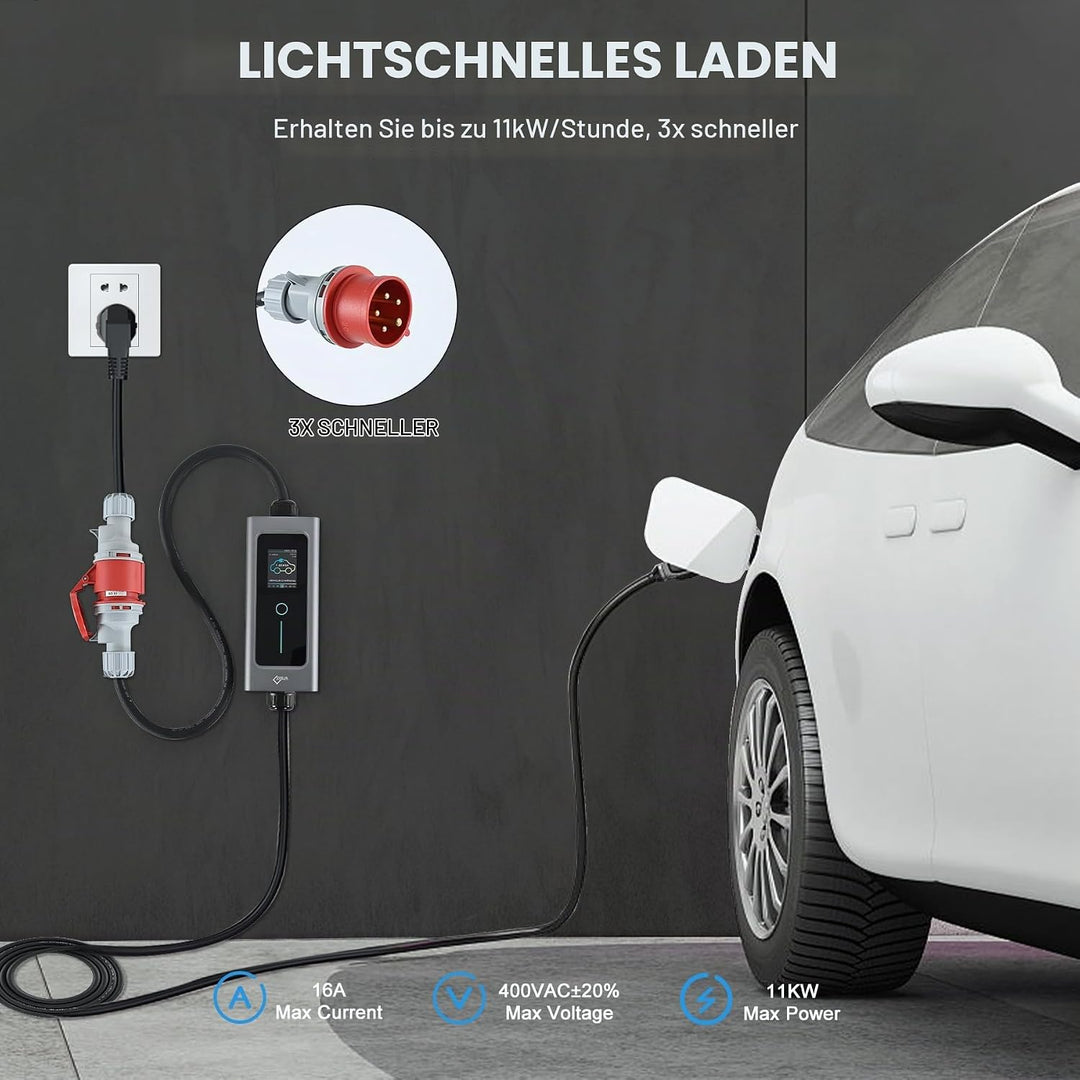 EVIEUN EV Ladekabel Typ 2 11 kW 3-Phasen 6-16 A 5 M, EV-Ladegerät Ladekabel CEE auf Typ 2 mit Allen