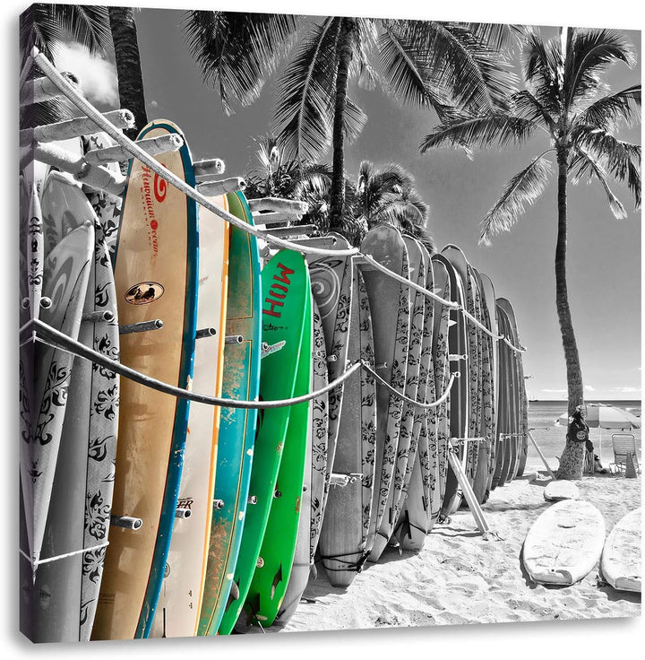 Pixxprint bunter Surfboards am Strand als Leinwandbild/Grösse: 70x70 cm/Wandbild/Kunstdruck/fertig b