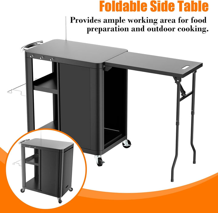 GFTIME Grillwagen, Grilltisch mit klappbarer Beistelltisch, Outdoorküche mit Haken, Aufbewahrungsreg