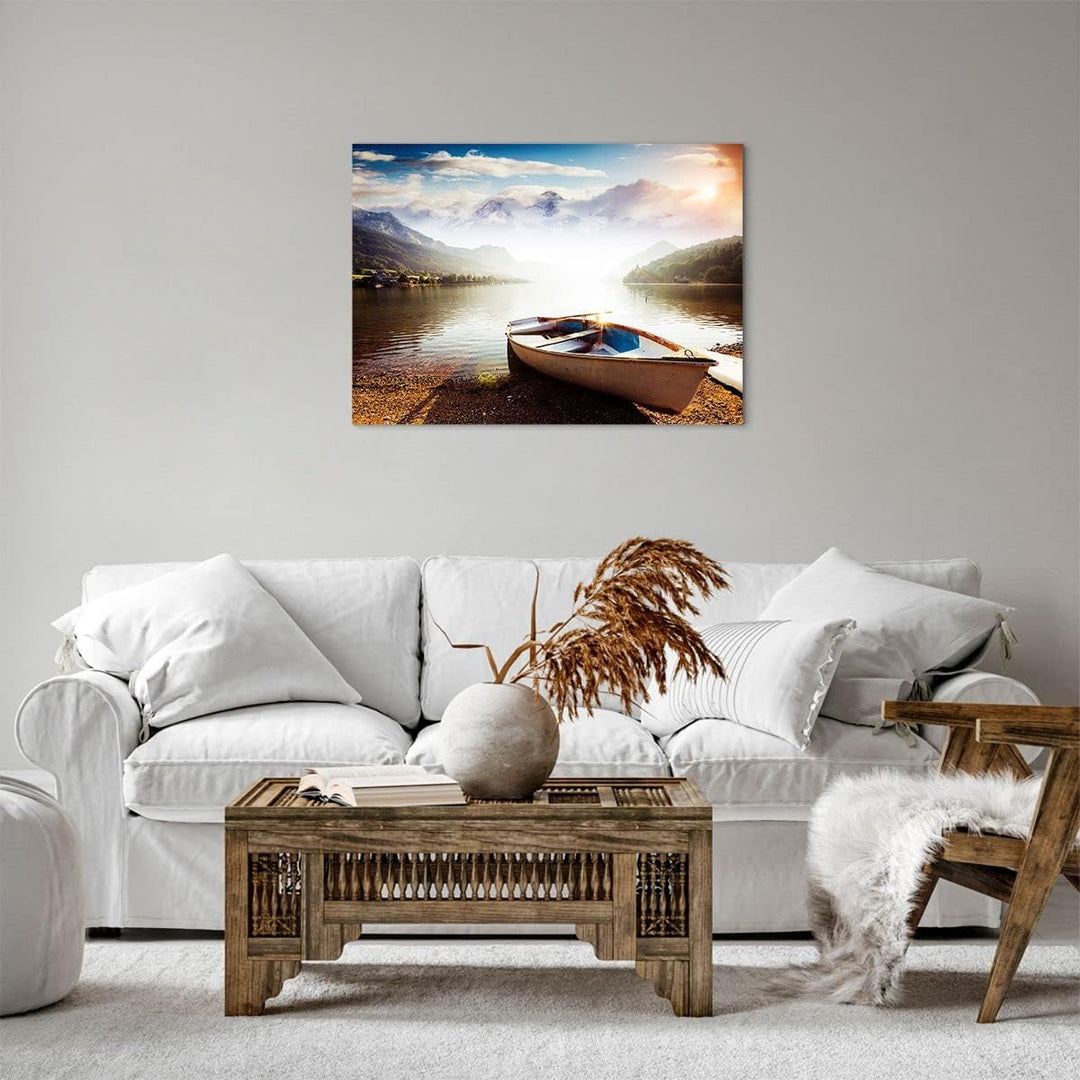 Bilder auf Leinwand Berge See Boot Leinwandbild mit Rahmen 70x50cm Wandbilder Dekoration Wohnzimmer
