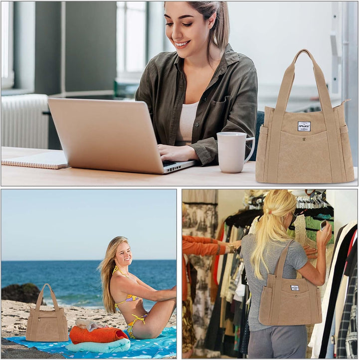 HAWEE Canvas Damen Handtasche Shopper Tote Bag Grosse Schultertasche mit Reissverschluss Umhängetasc