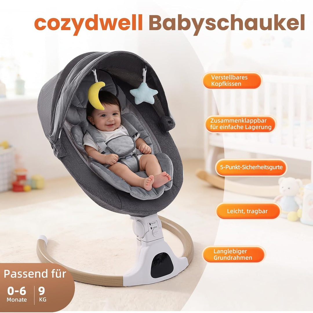 Babywippe Elektrisch, 0–6 Monate, max. 9 kg, Tragbares Neugeborenes Babyschaukel Indoor mit Bluetoot