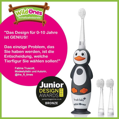 Brush-Baby WildOnes Kinder Elektrische Wiederaufladbare Zahnbürste,1 Griff, 3 Bürstenköpfe, USB-Lade