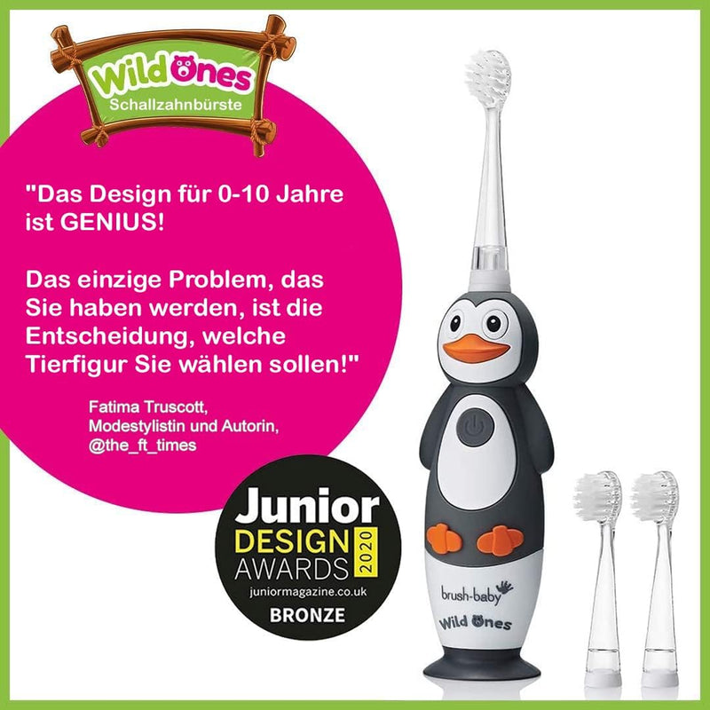 Brush-Baby WildOnes Kinder Elektrische Wiederaufladbare Zahnbürste,1 Griff, 3 Bürstenköpfe, USB-Lade