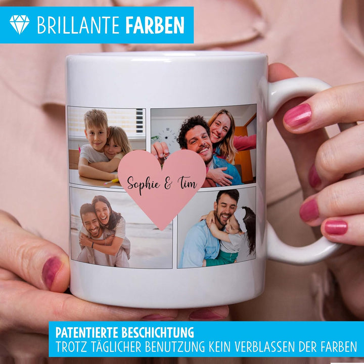 OWLBOOK® Personalisierte Tasse mit 8 Fotos & Spruch selbst gestalten | Fototasse mit eigenem Bild &