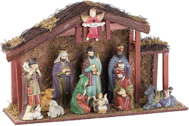 PEARL Weihnachtsdekoration: Grosse Weihnachtskrippe mit 11 Porzellan-Figuren, LED-Beleuchtung (Weihn