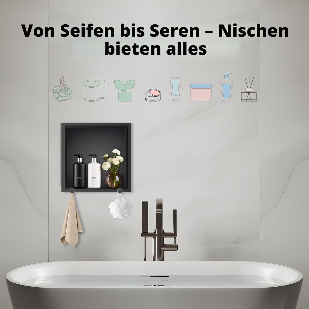 FTL Wandnische Dusche with Hooks 30x30x10cm,Duschnische aus 304 Edelstahl,Keine Fliesen Erforderlich