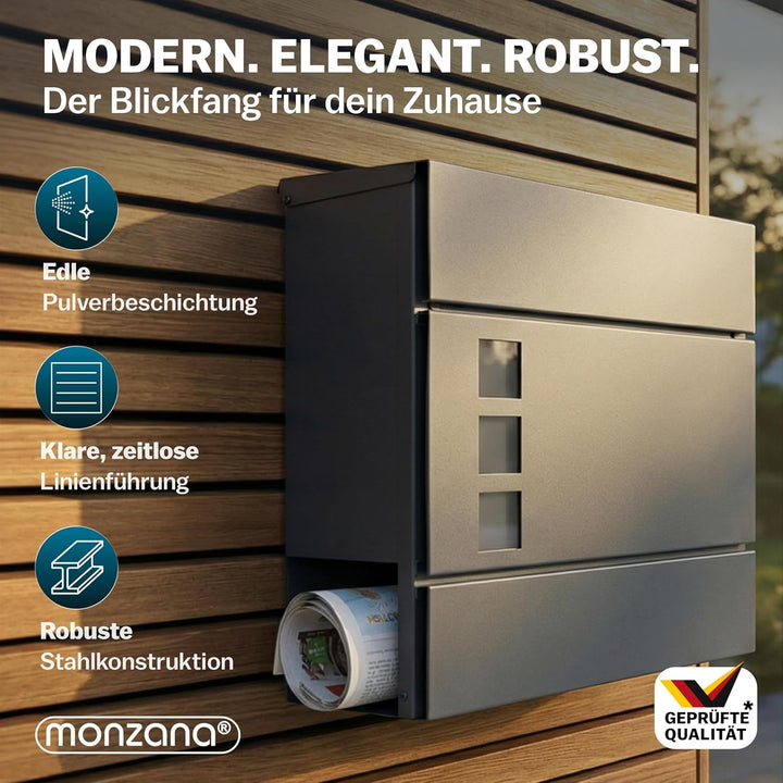 MONZANA® Briefkasten Design Stahl mit Zeitungsfach Sichtfenster 2 Schlüssel Zeitungsrolle Wandbriefk