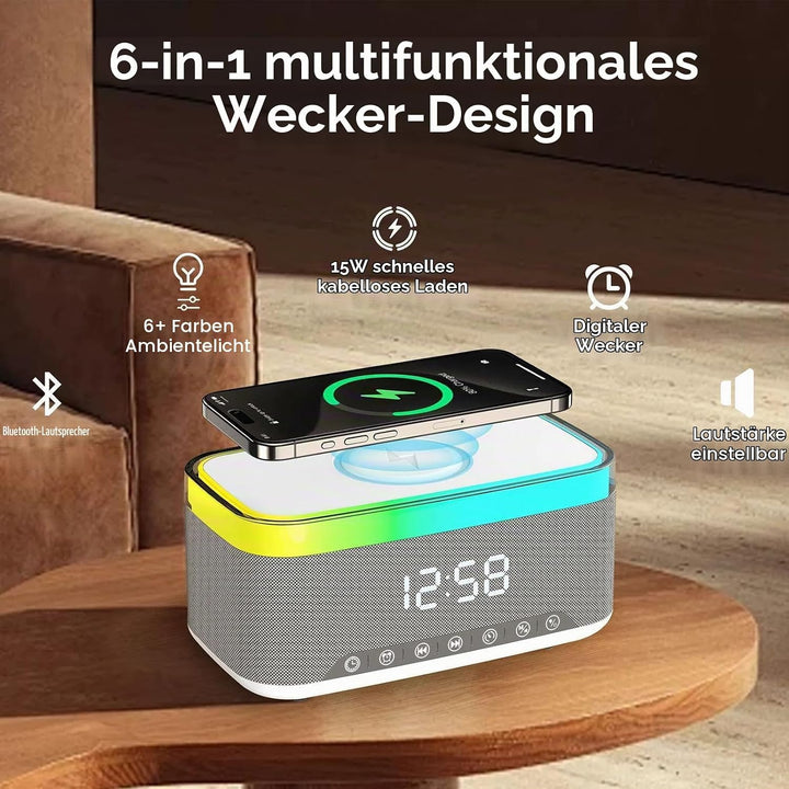 Wecker Digital, Wecker mit Ladestation, Radiowecker Funkuhr Digital mit Bluetooth Lautsprecher 6 Far