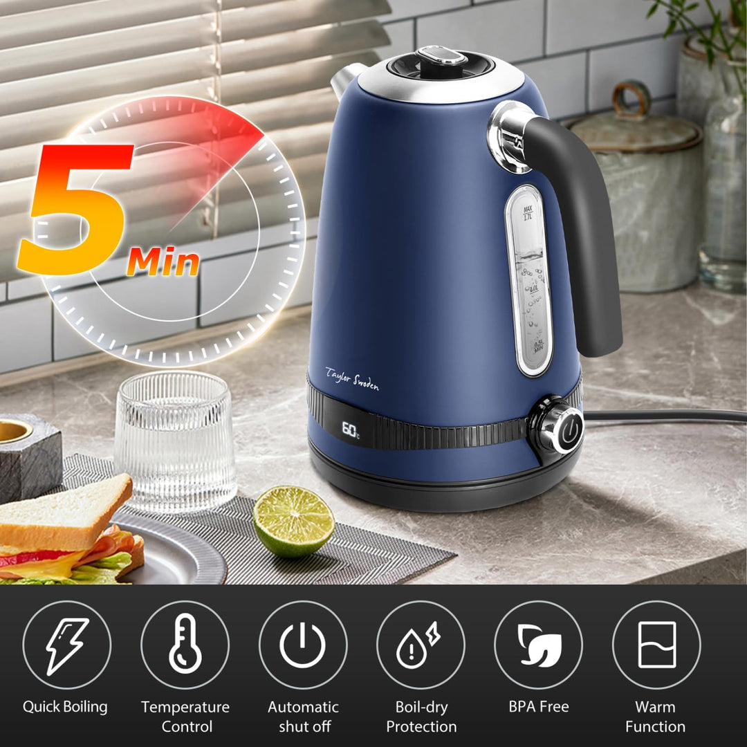 Taylor Swoden Sinbad-1.7L Wasserkocher Edelstahl mit Temperatureinstellung, Warmhaltefunktion, 2200