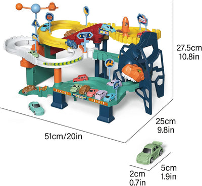 RedCrab Dinosaurier Spielzeug Autorennbahn für Kinder, Dino Autobahn mit 4 Spielzeugautos und Schien