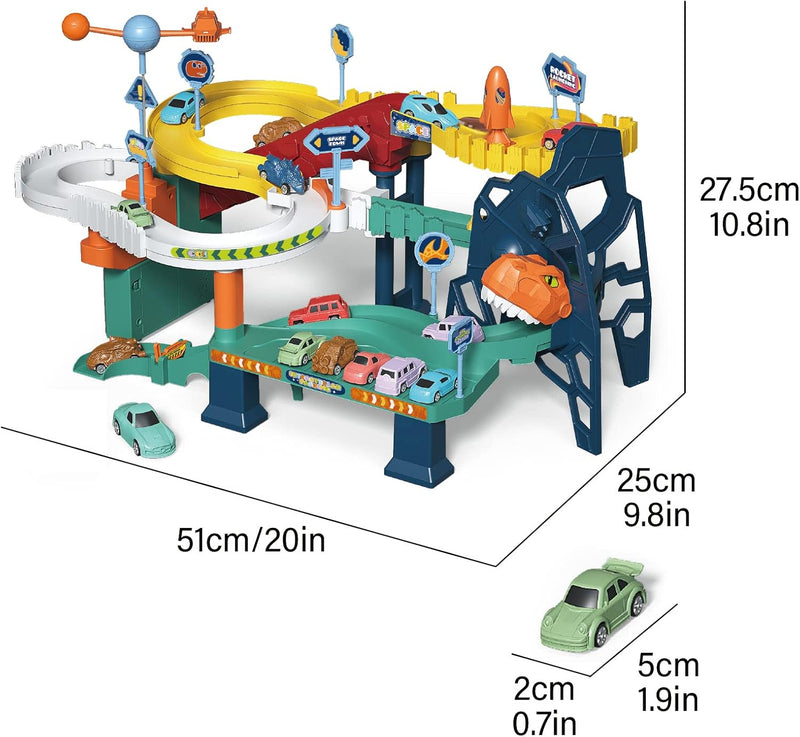 RedCrab Dinosaurier Spielzeug Autorennbahn für Kinder, Dino Autobahn mit 4 Spielzeugautos und Schien