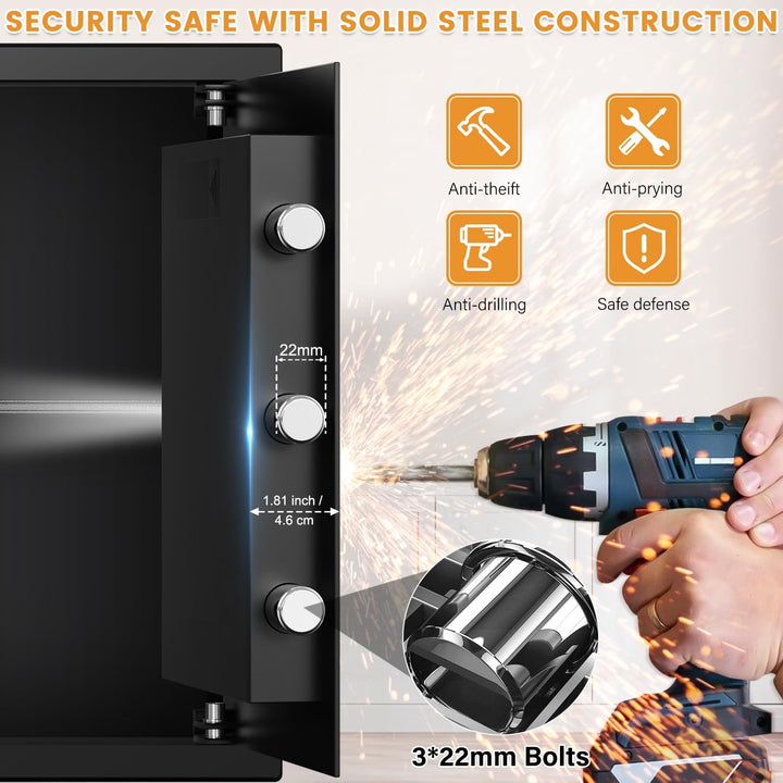 Safe Tresor Feuerfest mit A4 Feuerfester Tasche, 65L Möbeltresor Gross mit Abnehmbares Regal und Ext