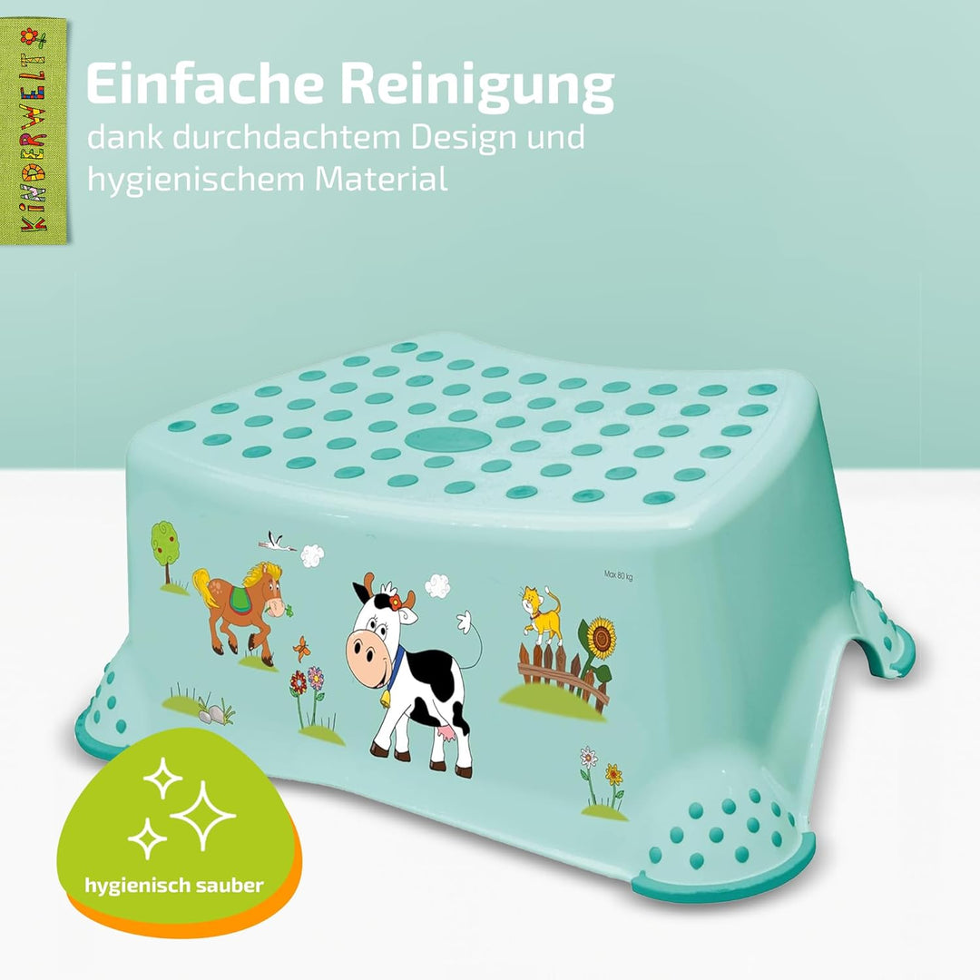 KiNDERWELT Premium Tritthocker für Kinder und Babys, Bauernhof Design in Aquamarin, Tritthocker Stuf