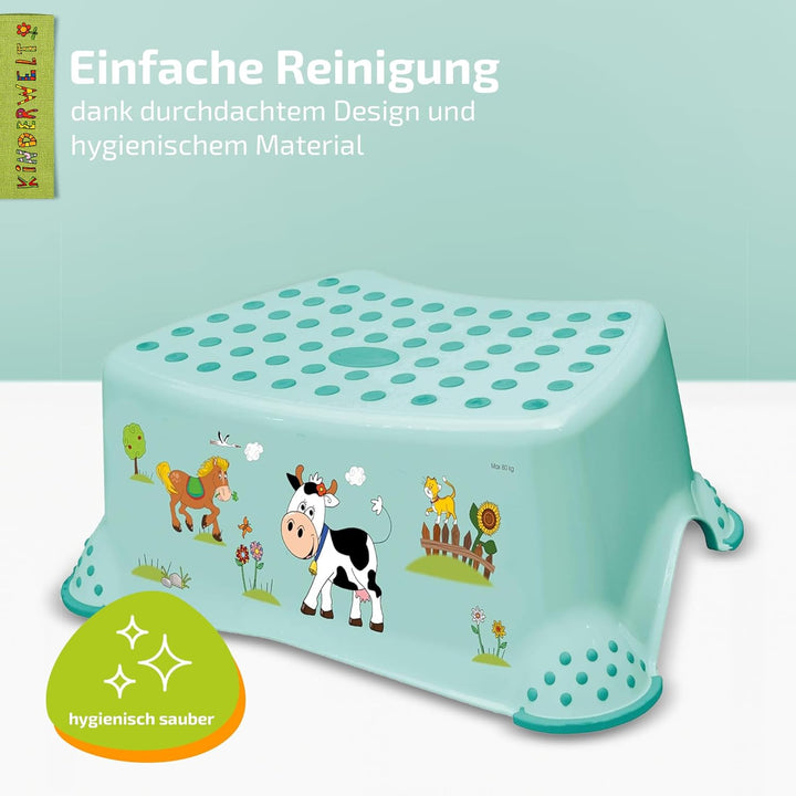 KiNDERWELT Premium Tritthocker für Kinder und Babys, Bauernhof Design in Aquamarin, Tritthocker Stuf