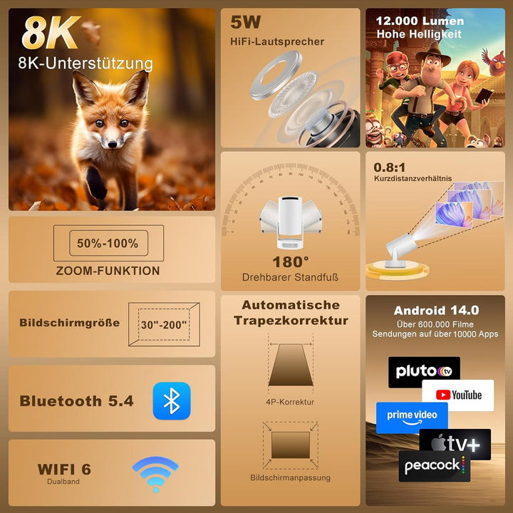 Salange Portable Beamer 2026, Klein Handy Beamer unterstützt 8K 1080P mit WiFi 6 und Bluetooth 5.4,