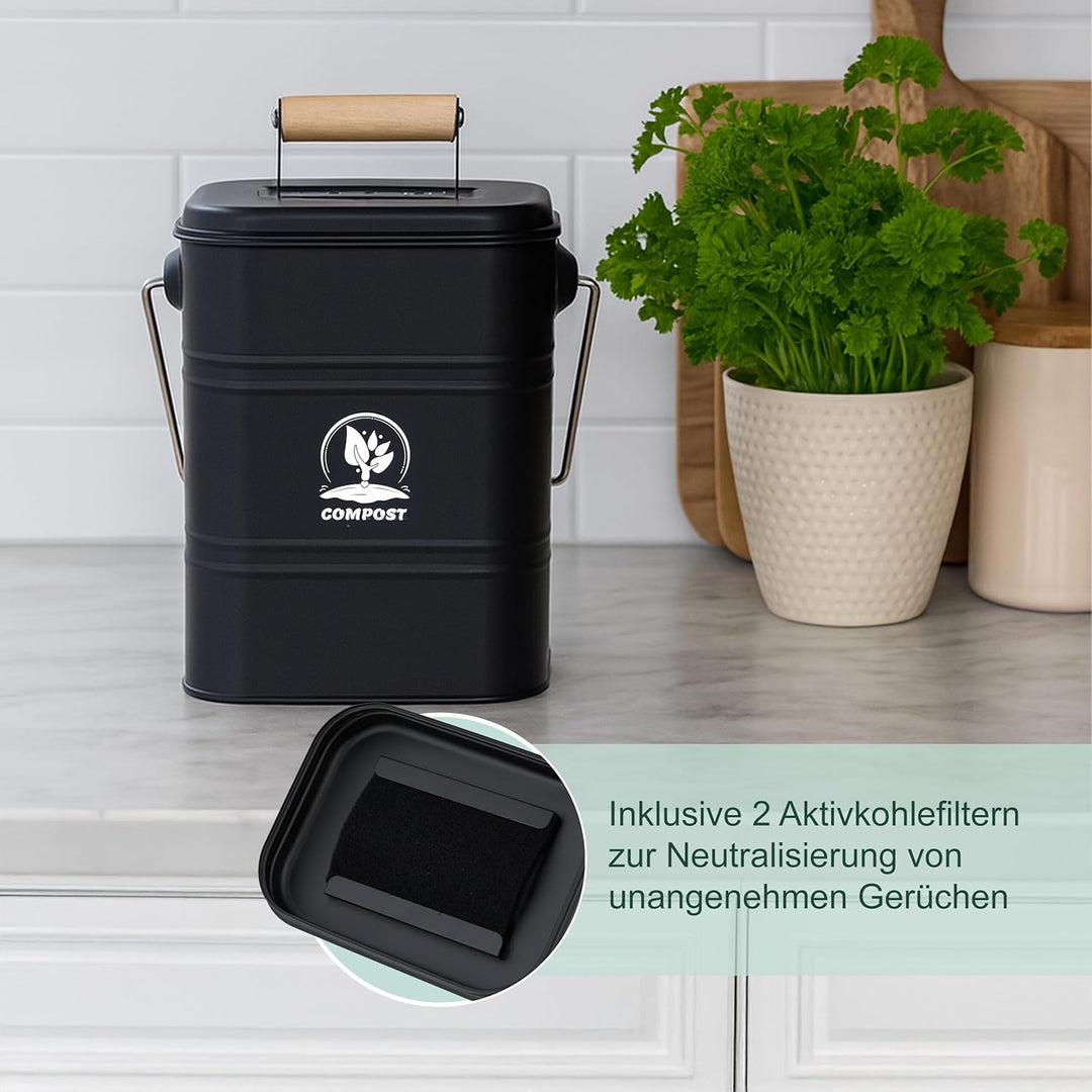 Relaxdays Komposteimer Küche, 3,5 Liter, 2 Aktivkohlefilter, Deckel, Henkel, Eisen & Holz, Biomüllbe