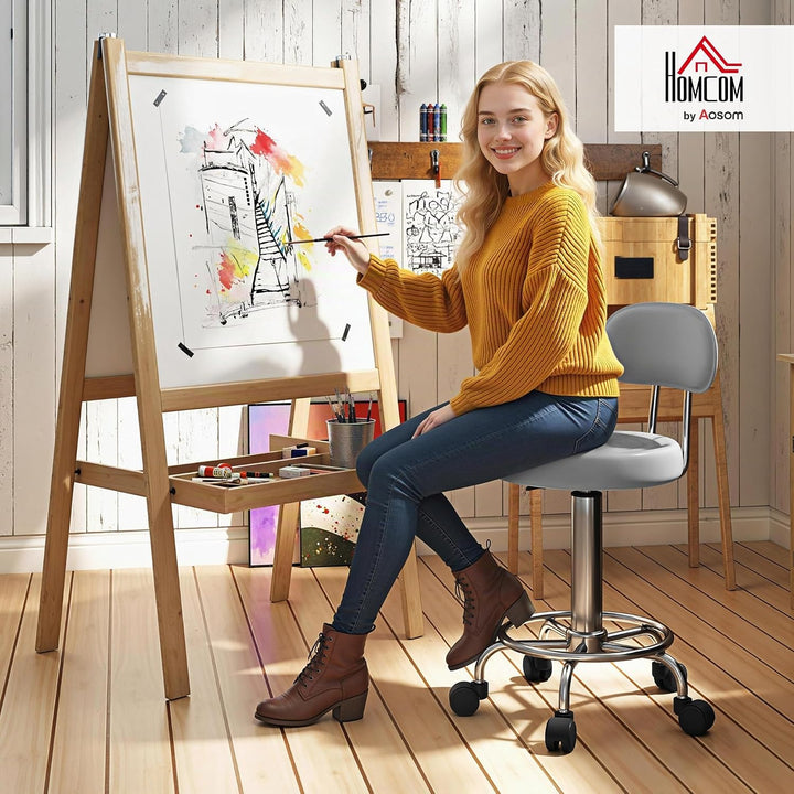 HOMCOM Rollhocker höhenverstellbar Drehhocker Drehbar Salon Hocker mit Lehne, Rädern, Arbeitshocker