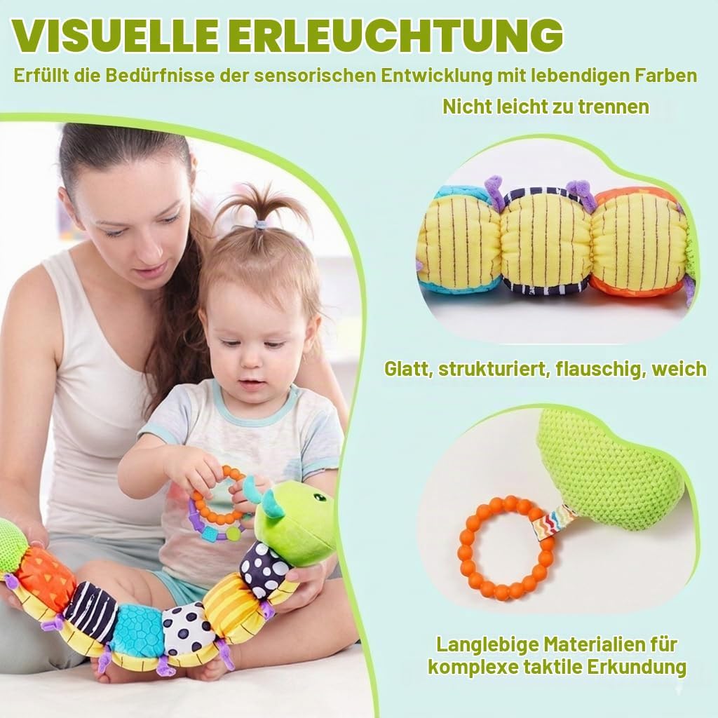 Raupe Plüschtier Spielzeug, Baby Spielzeug 0 3 6 Monate, Sensorik Raupe Mit Greifling, Rassel, Spieg