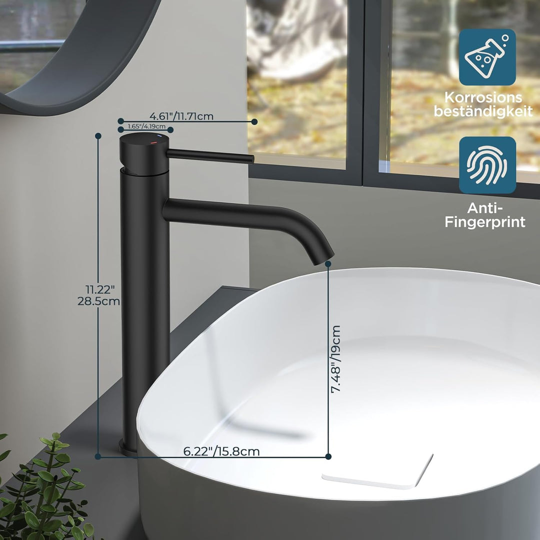 FORIOUS Wasserhahn Bad, Waschtischarmatur Hoch Waschbecken Armaturen in Schwarz mit Auslaufhöhe 190