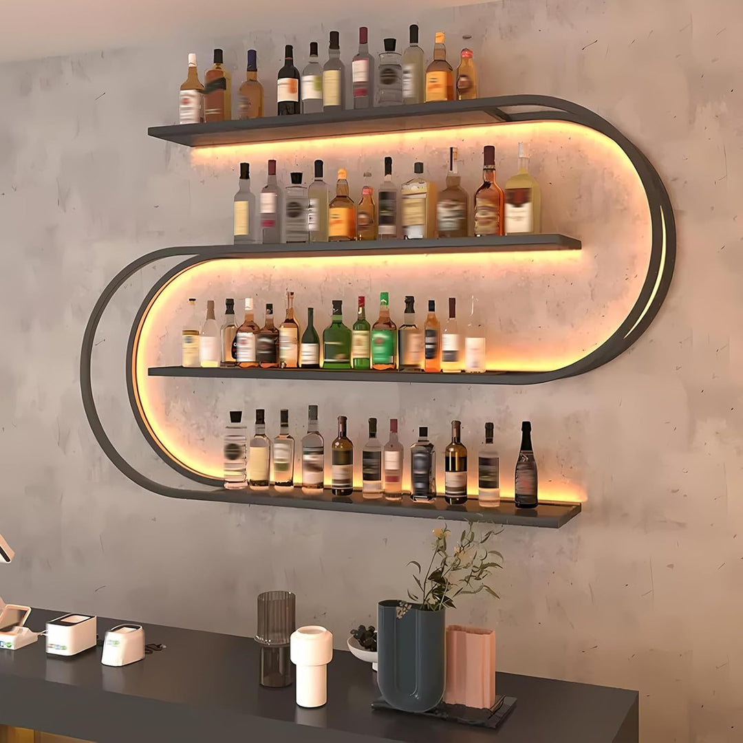 4 Lagig Weinregal zur Wandmontage mit Glashalter, Industrielles Metall Hängender Schwimmender Weinfl