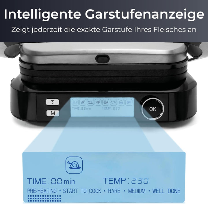 KLAMER Kontaktgrill, 7 Automatikprogramme, abnehmbare Platten, Antihaftbeschichtung, 2100W starker P