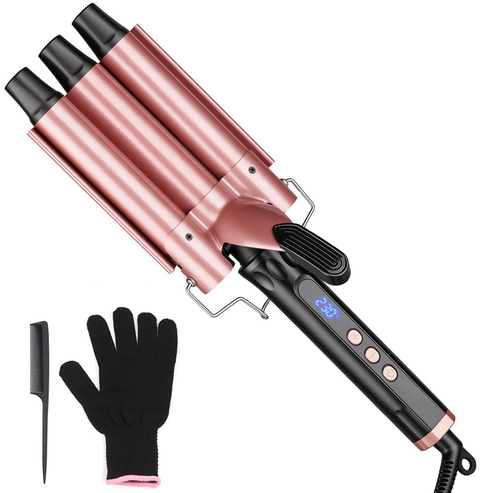 3 Fässer Welleneisen 25mm, 14 Stufen (100-230°C), Quarz-Keramik | Beach Waves Lockenstab Grosse Well