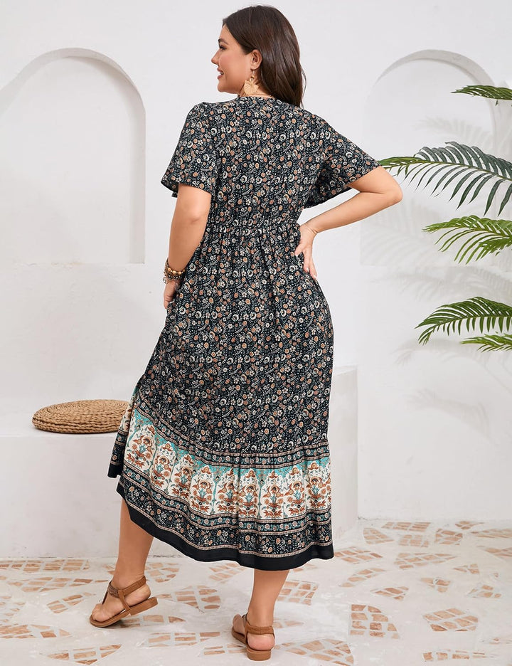 Clearlove Damen Sommerkleid Boho Kurzarm Midi Kleider V-Ausschnitt Strandkleid lang Blumenkleid Rüsc