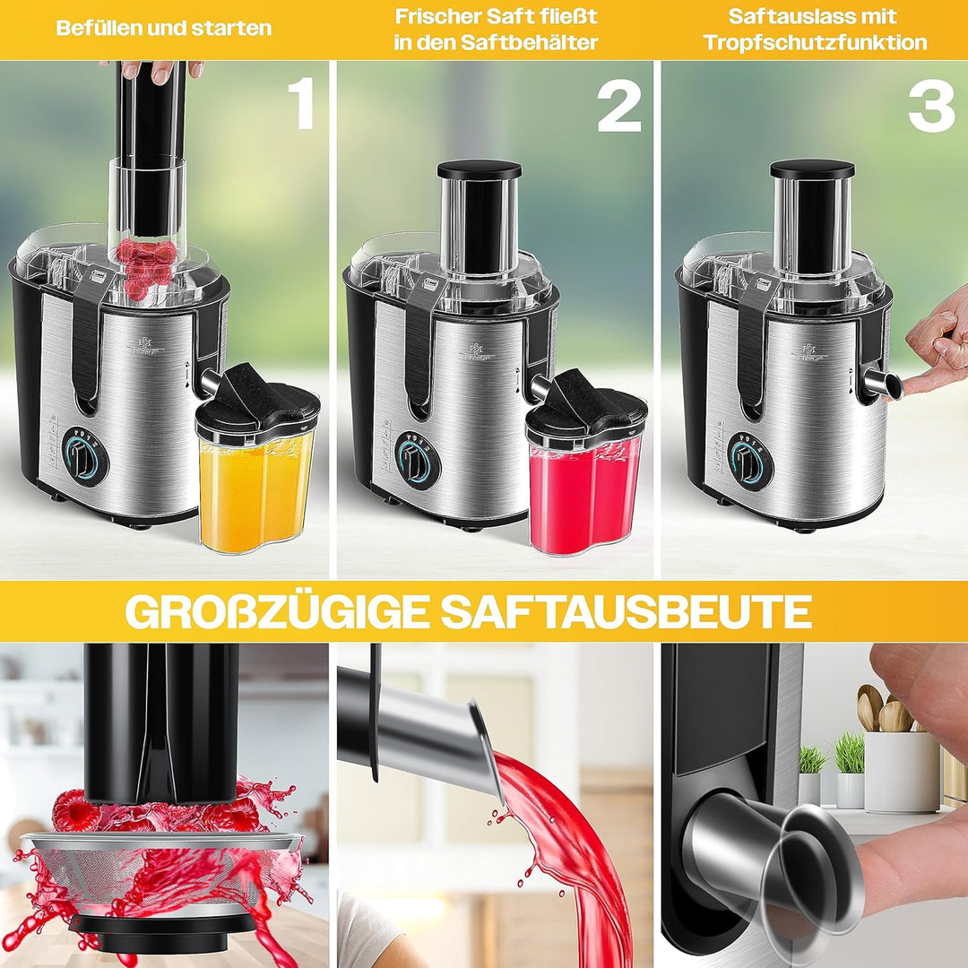 KESSER® Entsafter für Obst und Gemüse aus Edelstahl 1100W grosse 85 mm Einfüllöffnung inkl. Reinigun
