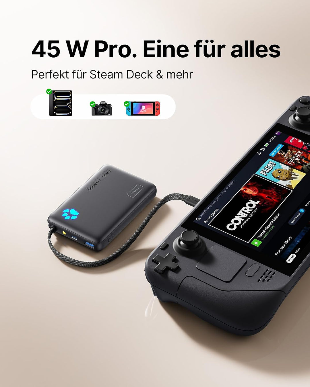 INIU 45W Power Bank, Mini-Grösse 10000mAh PowerBank mit Integriertem USB-C Kabel, Schnellladen Exter