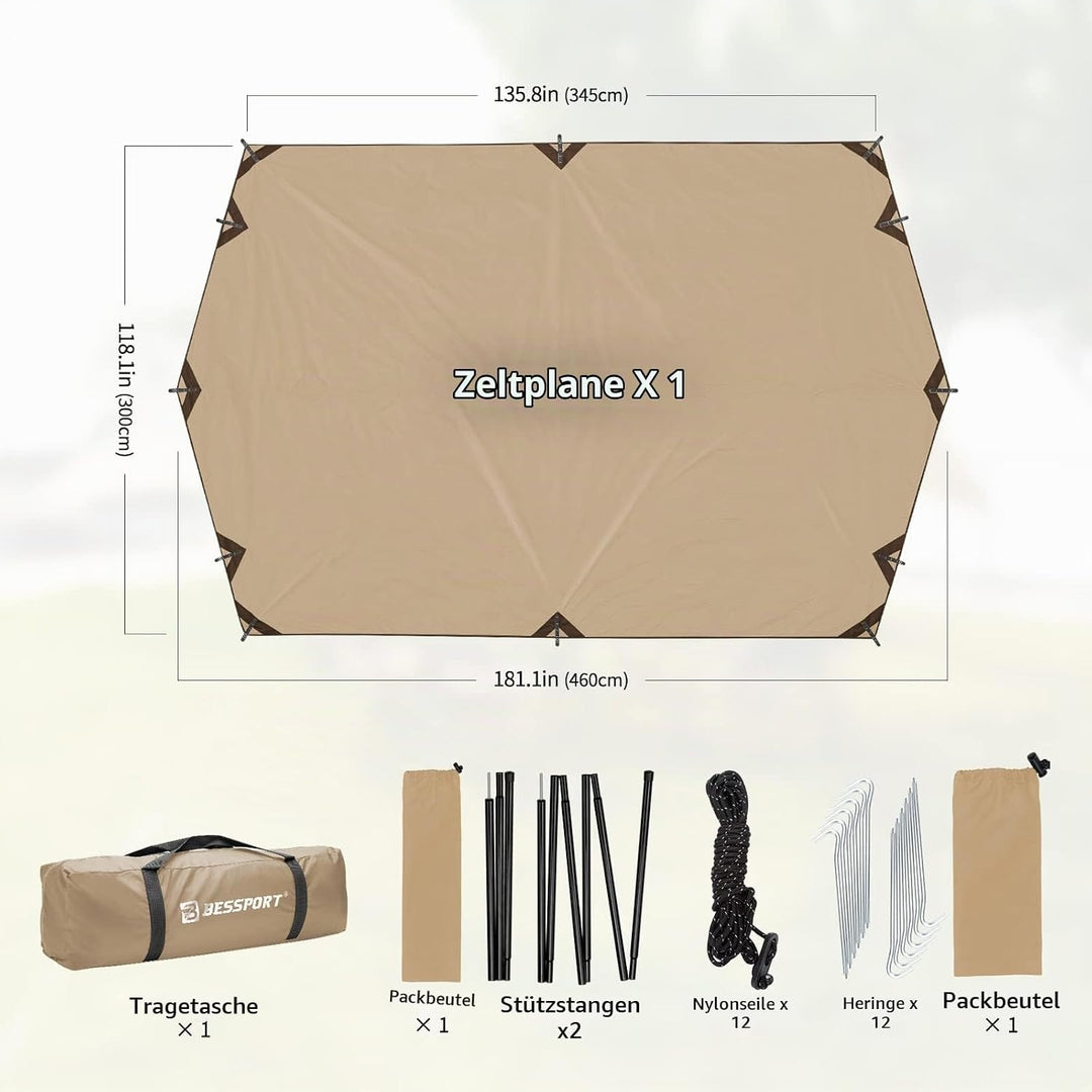 Bessport Tarp, Zeltplane Wasserdicht, 3x4.6m Mit Stützstange, Erdnägeln und Nylonschnur, Ultraleicht